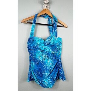 Miraclesuit Tankini Swim Top Sz. 10 Blue Bandana Print Halter Underwire & Padded